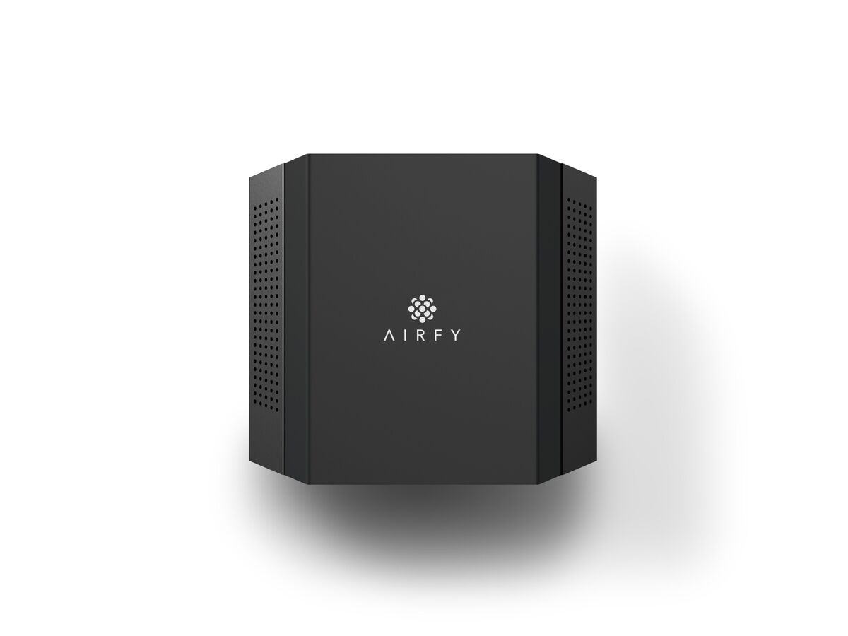 Darstellung eines Airfy Access Points von vorn mit dem heutigen Logo.